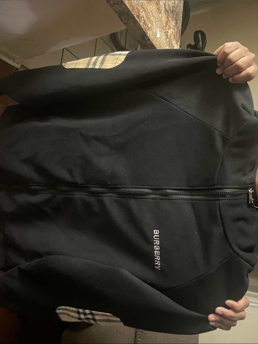 Burberry Black Zip Jacket with Signature Check Elbow Patches